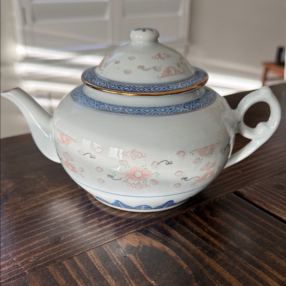 Elegant Floral Teapot with Blue and Orange Accents - Picture 3 of 7